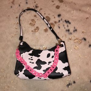 Y2K Cow Print Small Shoulder Bag With Candy Pink Chain